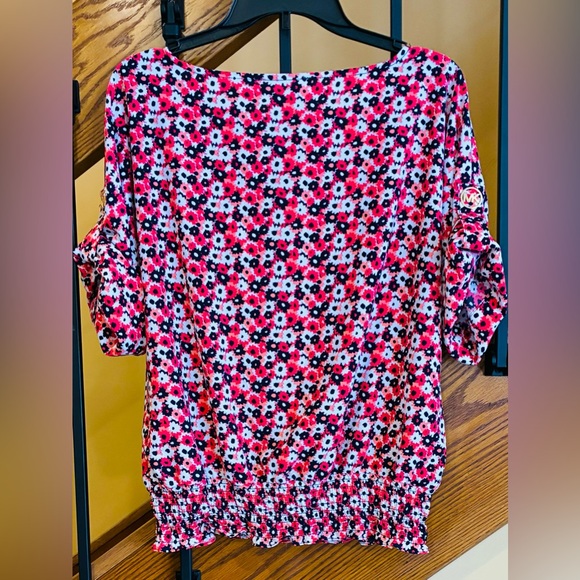 Michael Kors Blouse Tab 1/2sleeves Smocked Waist Geranium Red White Navy SZ. Med - Picture 2 of 13